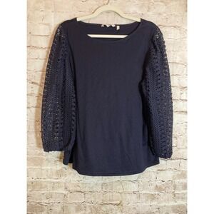 Soft Surroundings Peasant Top Womens XL Midnight Blue Embroidered Balloon Sleeve